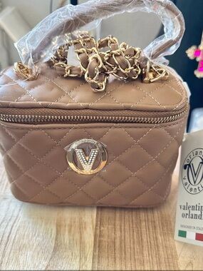 Valentino Orlandi Taupe Quilted Mini Vanity Bag with Gold Chain